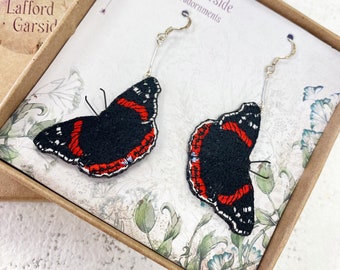 Statement Red Admiral butterfly embroidered and hand painted drop earrings