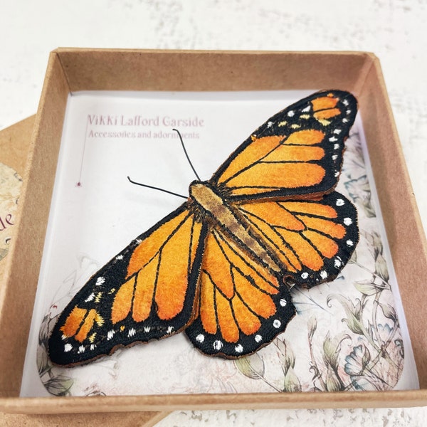 Monarch butterfly brooch, realistic embroidered and hand painted butterfly brooch