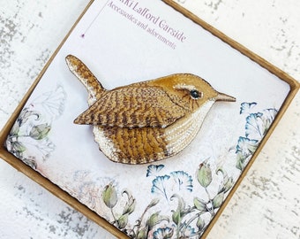 Embroidered and hand painted Wren brooch