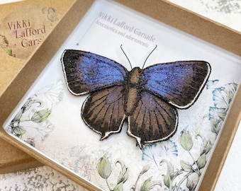Purple Hairstreak butterfly brooch, delicately embroidered and hand painted