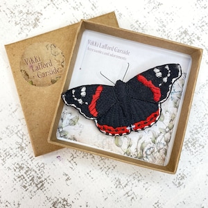 Red Admiral butterfly brooch, hand crafted fabric butterfly brooch, embroidered realistic butterfly pin