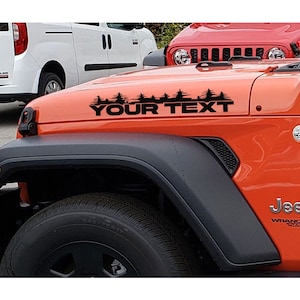 Set of 2 Custom Your Own Text Hood Decals Fits Jeep  Wrangler Rubicon Hood Decals Stickers Tj JKk Cj Yj US Pine Trees PT