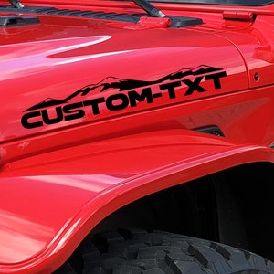 2er Set Custom Your Own Text Hood Decals Passend für Jeep Wrangler Rubicon Kapuzenaufkleber Sticker Tj JKk Cj Yj US Mountain Range MT4