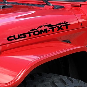 Set von 2 Custom Ihr eigener Text Haubenabziehbilder für Wrangler Rubicon Haubenabziehbild-Aufkleber Tj JKk Cj Yj US Gebirgskette MT42