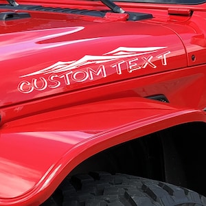 Set von 2 Individuellen Ihren eigenen Text Kapuzen Aufkleber Für Jeep Wrangler Rubicon Kapuze Aufkleber Tj JKk Cj Yj US Mountain Range MT5POP