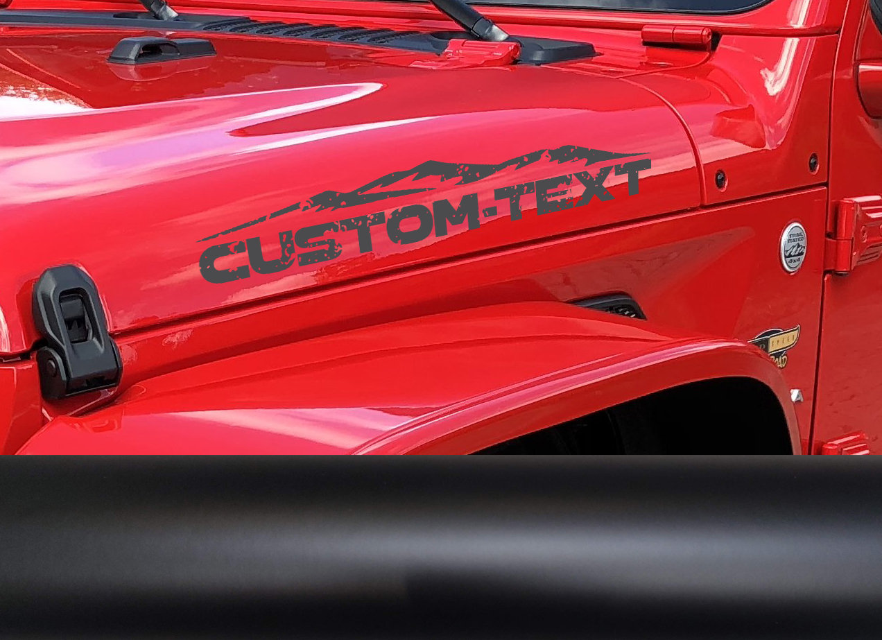 Set van 2 Custom Your Own Text Hood Decals Past Jeep Wrangler Rubicon Hood Decals Stickers Tj JKk Cj Yj US Mountain range Distressed MT1D