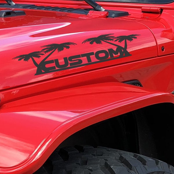 Set of 2 Custom Your Own Text Hood Decals Fits Jeep  Wrangler Rubicon Hood Decals Stickers Tj JKk Cj Yj US Beach Palms Tropical