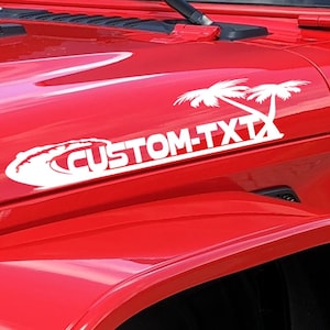 Set of 2 Custom Your Own Text Hood Decals Fits Jeep  Wrangler Rubicon Hood Decals Stickers Tj JKk Cj Yj US Beach Palms  Tropical