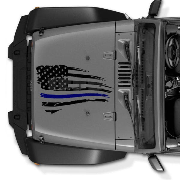 Thin Blue Line for Jeep Wrangler Decal Tattered Distressed USA American Flag Made In The USA Police support Blue lives matter