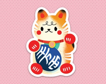 Op de afbeelding: Een witte en oranje cartoonkat met rode poten en een blauwe cirkel met Chinese karakters op zijn borst. De kat draagt een rode halsband met een wit swirl-ontwerp.