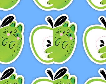 Green Apple Cat Die Cut Vinyl Sticker