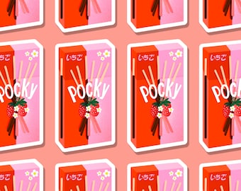 Puede incluir: Nueve pegatinas coloridas con una marca japonesa de aperitivos llamada "Pocky". Las pegatinas son rojas y rosas con texto blanco y un gráfico de fresa. El texto en las pegatinas dice "いちご", que en japonés significa "fresa".