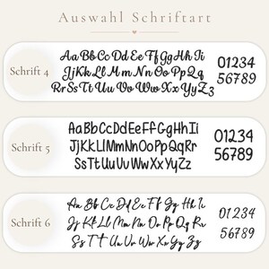 May include: A font selection chart titled Auswahl Schriftart featuring three distinct black typeface styles labeled Schrift 4, Schrift 5, and Schrift 6. Each row displays the full alphabet in uppercase and lowercase letters plus numbers 0-9.
