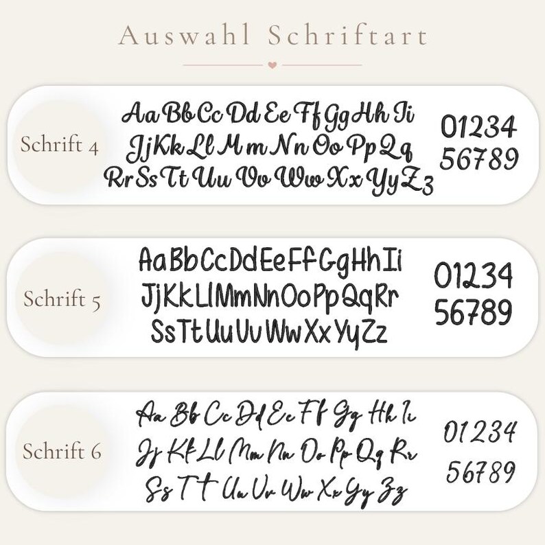 May include: A font selection chart titled Auswahl Schriftart featuring three distinct black typeface styles labeled Schrift 4, Schrift 5, and Schrift 6. Each row displays the full alphabet in uppercase and lowercase letters plus numbers 0-9.