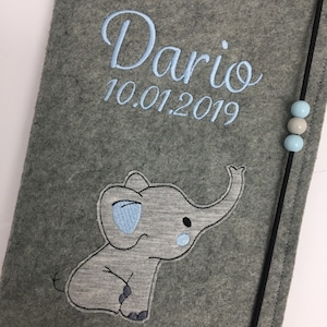 Personalisierte U-Heft Hülle aus Filz / Elefant / Name / Geburtsdatum / Auswahl an 11 Filzfarben und 7 Schriftarten / Untersuchungsheft