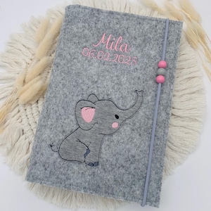 Personalisierte U-Heft Hülle aus Filz / Elefant / Name / Geburtsdatum / Auswahl an 11 Filzfarben und 7 Schriftarten / Untersuchungsheft
