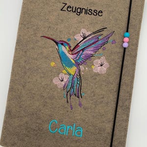 Personalisierte Zeugnismappe aus Filz / Kolibri Aquarell Vogel / mit Namen / Auswahl an 11 Filzfarben und 7 Schriftarten / Zeugnisse