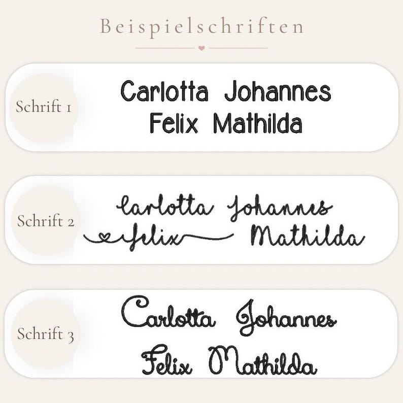 May include: A display of three font styles labeled 'Schrift 1', 'Schrift 2', and 'Schrift 3' above the names 'Carlotta', 'Johannes', 'Felix', and 'Mathilda' in black text on white rounded rectangular backgrounds.