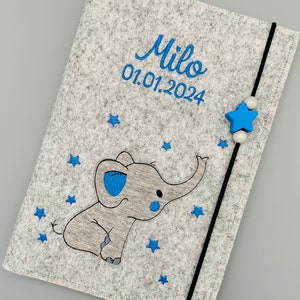 Personalisierte U-Heft Hülle aus Filz / Elefant / Name / Geburtsdatum / Auswahl an 11 Filzfarben und 7 Schriftarten / Untersuchungsheft