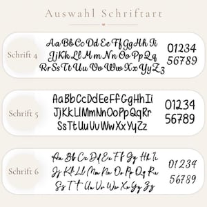 May include: A font selection chart titled Auswahl Schriftart displaying three distinct black typeface styles labeled Schrift 4, Schrift 5, and Schrift 6. Each row features the full alphabet in uppercase and lowercase letters followed by the digits 0 through 9.