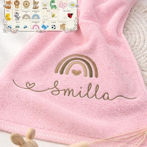 Personalisiertes Handtuch / 3 Größen / 10 Farben / 24 Motive / 7 Schriften / Kita,Kinder,Erwachsene & Zuhause / Bestickt / Taufe / Geschenk