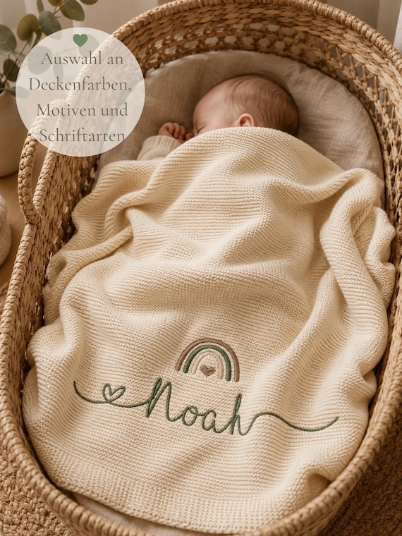 Personalisierte Babydecke aus Bio Baumwolle bestickt / Babydecke mit Namen und Motiv / Geschenk zur Geburt, Taufe / Kuscheldecke / 80 x 100