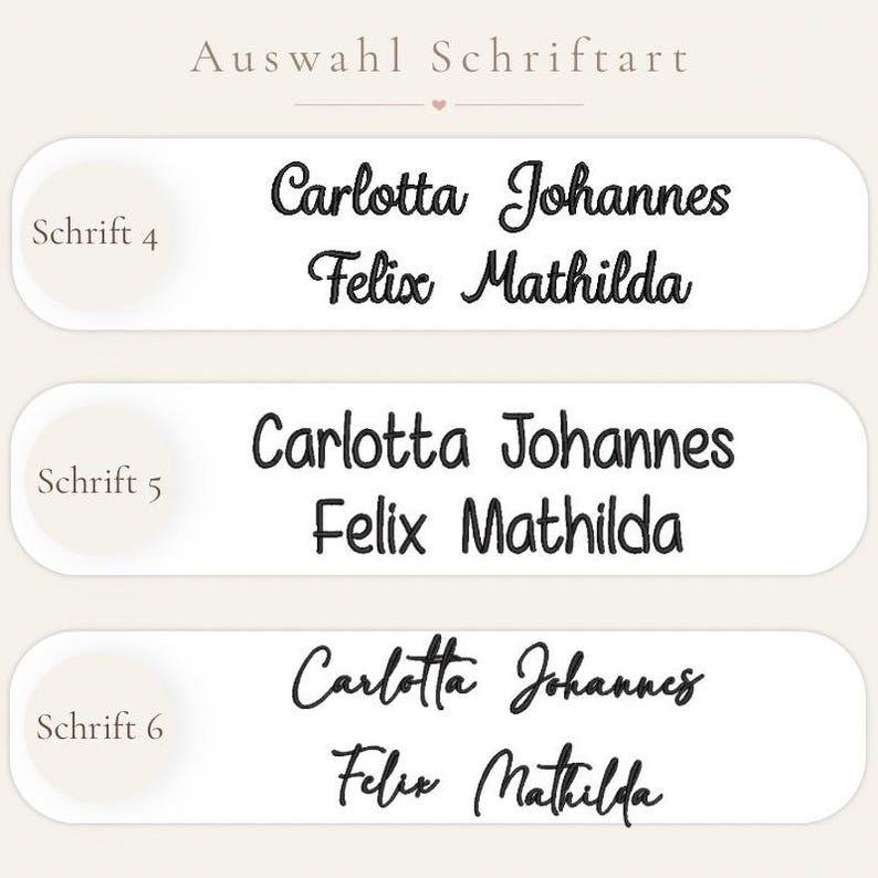 May include: A font selection chart labeled Auswahl Schriftart featuring three distinct black embroidered text styles on white rectangular labels. Each label displays the names Carlotta, Johannes, Felix, and Mathilda in Schrift 4, 5, and 6.