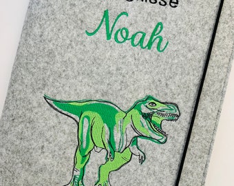 Personalized felt certificate folder / Dino T-Rex Tyrannosaurus / with name / choice of 11 felt colors and 7 fonts / certificates
