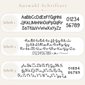 May include: A font selection chart titled Auswahl Schriftart featuring three distinct black typeface styles labeled Schrift 1, Schrift 2, and Schrift 3. Each row displays the full alphabet in uppercase and lowercase letters along with numbers 0-9.