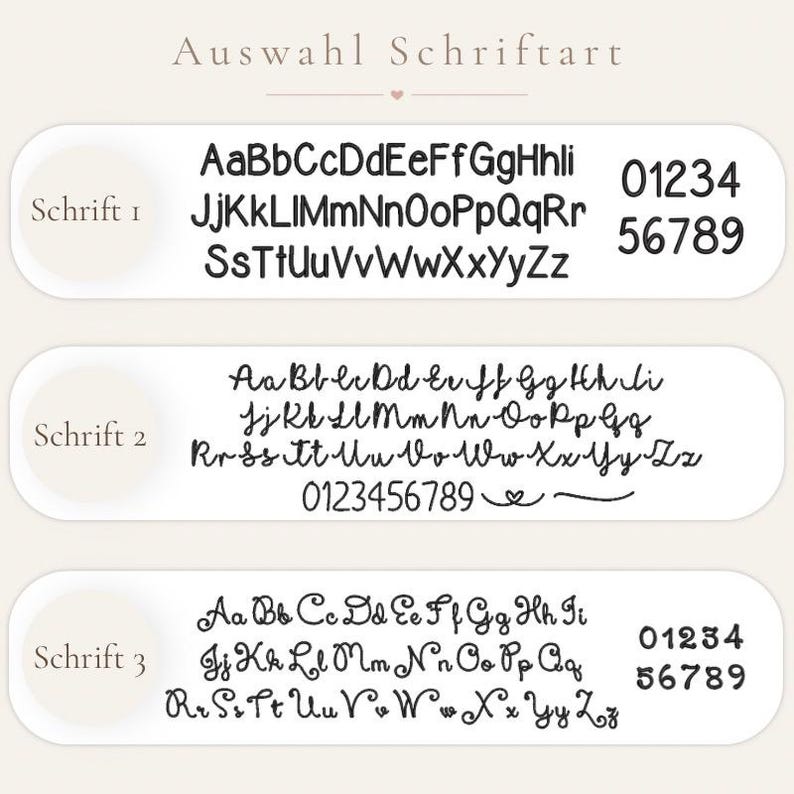 May include: A font selection chart titled Auswahl Schriftart featuring three distinct black typeface styles labeled Schrift 1, Schrift 2, and Schrift 3. Each row displays the full alphabet in uppercase and lowercase letters along with numbers 0-9.