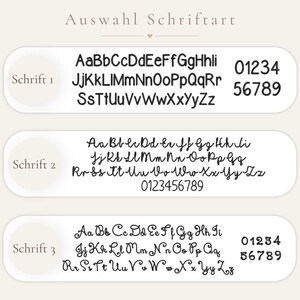 May include: A font selection chart titled Auswahl Schriftart featuring three distinct black typeface options labeled Schrift 1, Schrift 2, and Schrift 3. Each section displays the full alphabet in uppercase and lowercase letters along with the numbers 0 through 9.