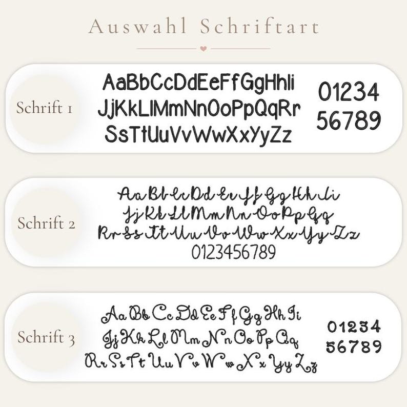 May include: A font selection chart titled Auswahl Schriftart featuring three distinct black typeface options labeled Schrift 1, Schrift 2, and Schrift 3. Each section displays the full alphabet in uppercase and lowercase letters along with the numbers 0 through 9.