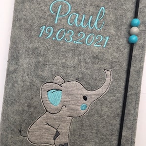 Personalisierte U-Heft Hülle aus Filz / Elefant / Name / Geburtsdatum / Auswahl an 11 Filzfarben und 7 Schriftarten / Untersuchungsheft