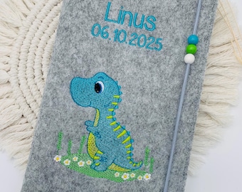 Personalized felt child health record book cover / Dinosaur T-Rex / Name / Date of birth / Choice of 11 felt colors and 7 fonts / Examination booklet