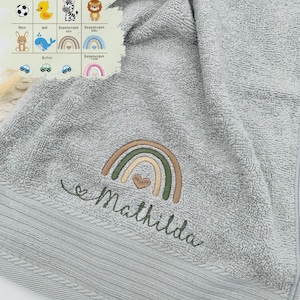 Personalisiertes Handtuch / 3 Größen / 10 Farben / 14 Motive / 7 Schriften / Kita,Kinder,Erwachsene & Zuhause / Bestickt / Taufe / Geschenk