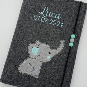 Personalisierte U-Heft Hülle aus Filz / Elefant / Name / Geburtsdatum / Auswahl an 11 Filzfarben und 7 Schriftarten / Untersuchungsheft