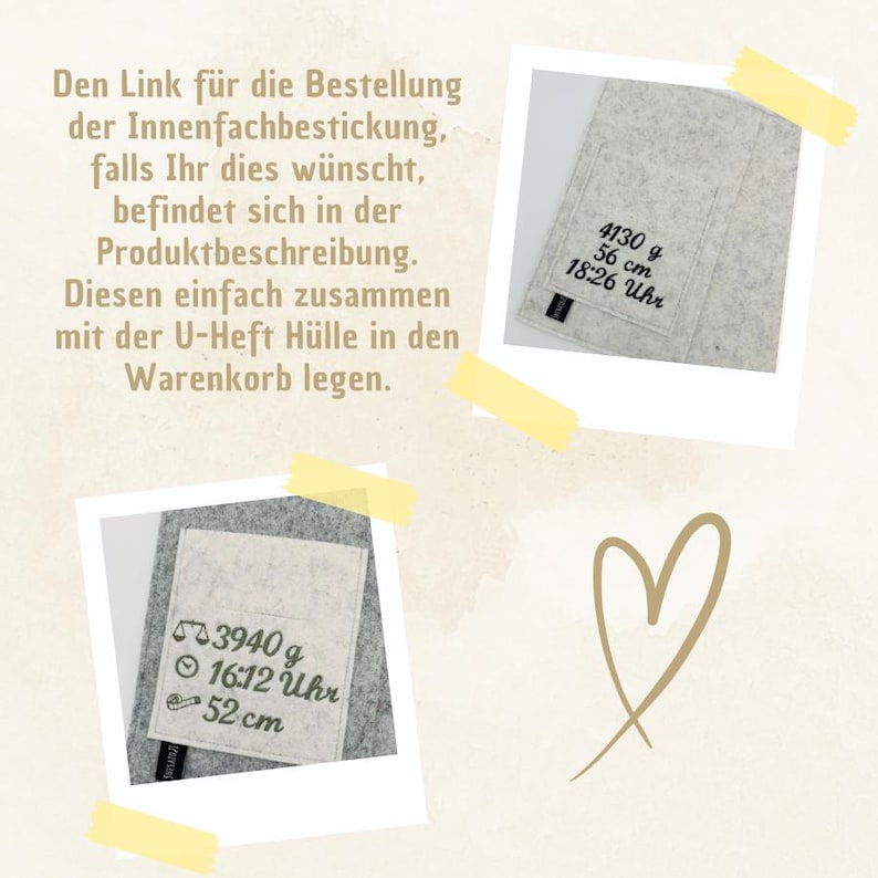 May include: Two light gray felt pockets featuring black embroidered text. One pocket displays 4130 g, 56 cm, and 18:26 Uhr. The other pocket shows a scale icon, 3940 g, a clock icon, 16:12 Uhr, a measuring tape icon, and 52 cm.