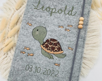 Personalisierte U-Heft Hülle aus Filz / Schildkröte / Name / Geburtsdatum / Auswahl an 11 Filzfarben und 7 Schriftarten / Untersuchungsheft