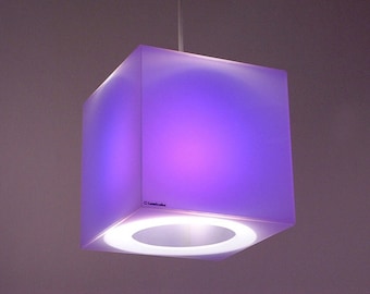 Purple & other cool colours | 175mm cube lampshade - Frost Perspex cube containing a blue, turquoise, orange, or pink coloured gel filter