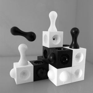 Axiom, 3D strategy game Chess alternative boardgame unusual abstract game new design Black & White