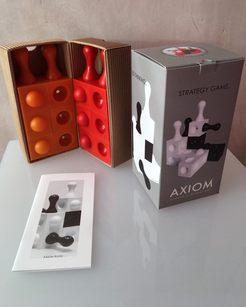 Axiom, 3D strategy game Chess alternative boardgame unusual abstract game new design Orange & Red