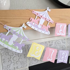 Pastel Pink Carousel Circus Birthday Banner, Carnival Birthday Banner, Circus Birthday, Circus Decorations, Circus Happy Birthday Banner image 1