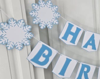 Winter-weiße und blaue Schneeflocken-Eis-Geburtstags-Fahnendekorationen
