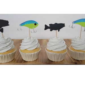 Bass fishing cupcake toppers, bass fishing party, fishing birthday, fisherman party, bass fisher party, fish cupcake toppers, fishing bday