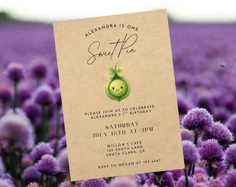 One Little Sweet Pea Birthday Minimalist Invitation, One Sweet Pea Birthday, Little Pea Flower Blooming Baby Girl Invite