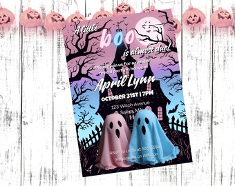 Un pequeño Boo está a punto de nacer, el bebé está gestando una invitación de Halloween para revelar el género, una pequeña calabaza está en camino, revelación del género de un fantasma
