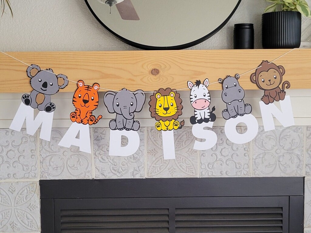 Striscione Di Buon Compleanno In Tessuto A Tema Giungla Safari, 185x110 Cm, Con Animali E Foglie Tropicali, Per Decorazioni Feste Bimbi, Con Corda Da 6 M