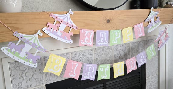 Pastel Pink Carousel Circus Birthday Banner, Carnival Birthday Banner, Circus Birthday, Circus Decorations, Circus Happy Birthday Banner