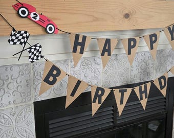 Race Car Birthday Banner, Checkered Flags, Personalized Party Decor