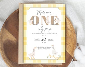 May include: A birthday invitation with a yellow plaid border and a beige background. The text reads "Madison is ONE silly goose" with the date July 20, 2025. The invitation features illustrations of geese.
